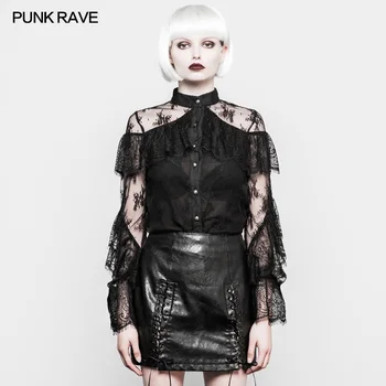 

PUNK RAVE Women's Gothic Daily Wear Sexy Lotus Leaf Sleeve Lace Blouse Transparent Chiffon Club Fashion Women Shirts