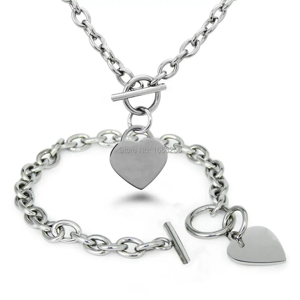 

One Set Silver Tone Stainless Steel Sweet Love Icon Heart Tag Necklace & Bracelet Matching Jewelry Set For Women Gifts