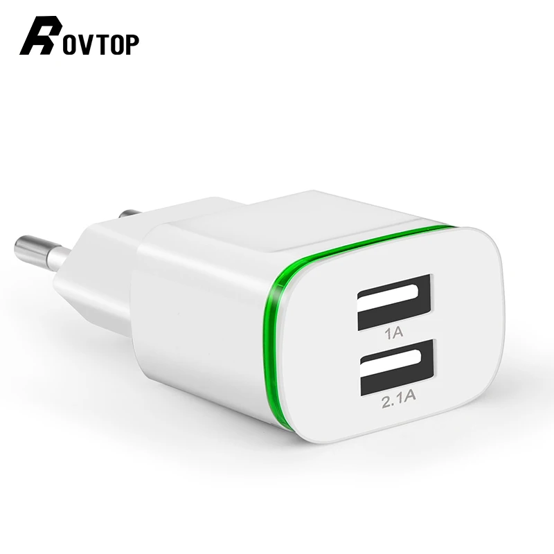 

Rovtop 2 Ports USB Charger EU And US Plug LED Light 5V 2A Universal Mobile Phone For Iphone IPad Samsung Xiaomi Chargers
