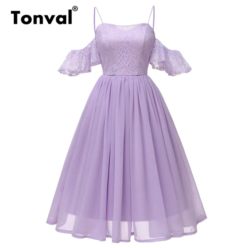 

Tonval Pleated Chiffon Lace Ruffle Sleeve Off Shoulder Dress Purple Vintage Dress Women Spaghetti Strap Party Dress