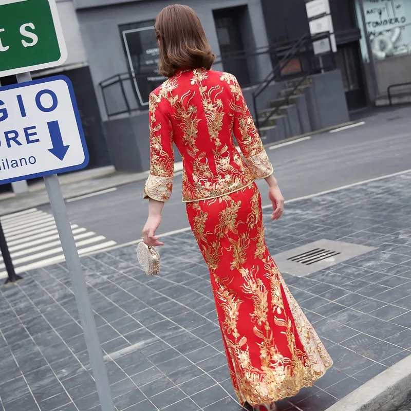 Красный вышивка Cheongsam Сексуальные платья Qipao длинный китайский традиционный свадебный платье восточные свадебные платья невесты