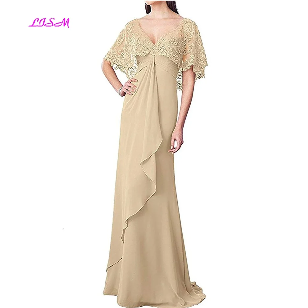 

Chiffon Cloak Long Mother of The Bride Dresses with Lace Flutter Sleeve Elegant Long Mother Dress Evening Formal Gowns