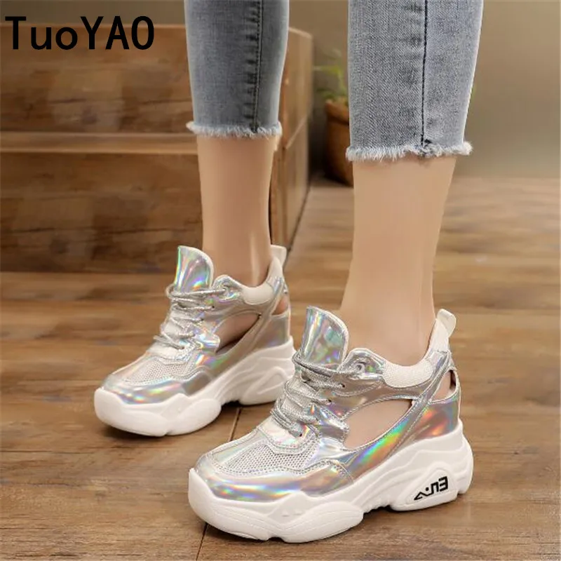 

2019 New Summer High Platform Shoes 8CM Wedge Heels Women Thick Sole Sneakers Air Mesh White Shoes Breathable Casual Shoes Woman