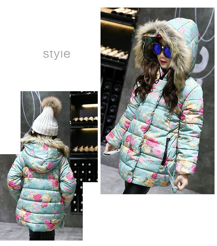 fur hooded flowers printed girls jackets and coats kids top winter 2016 teenage little girls padded coats warm long kids clothes (3)