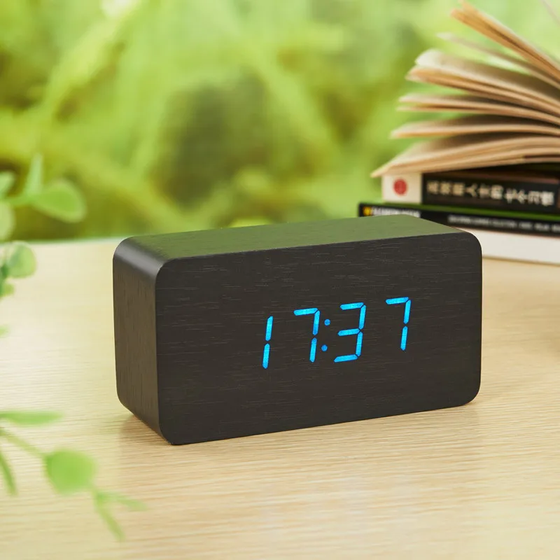 Бамбуковые и деревянные цифровые LEDclock календарь термометр акустический контроль зондирования настольные винтажные настольные электронные часы despertador - Цвет: Black blue