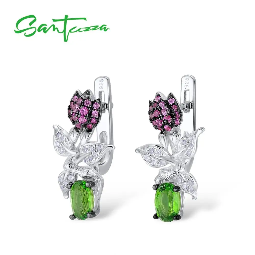 SANTUZZA, серебряные серьги для женщин, чистый 925 пробы, серебряные, шикарные, милые, цветочные серьги, волшебный зеленый кристалл, модное ювелирное изделие
