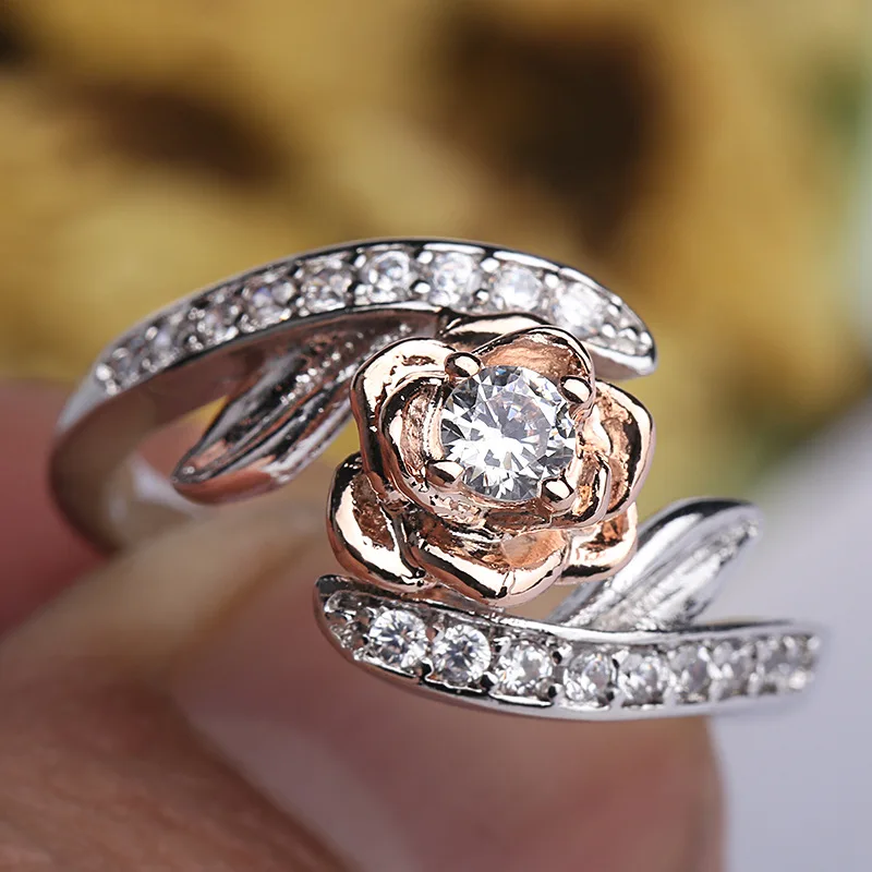 925 пробы Silve Rose Flower с прозрачными фианитами кольца для женщин Изысканные женские стразы кольцо модное ювелирное изделие