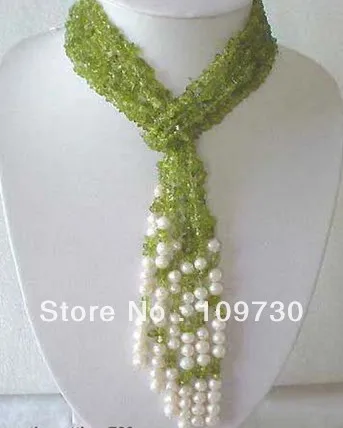 

Jewelry 002041 6 rows green crystal white pearl scarf necklace