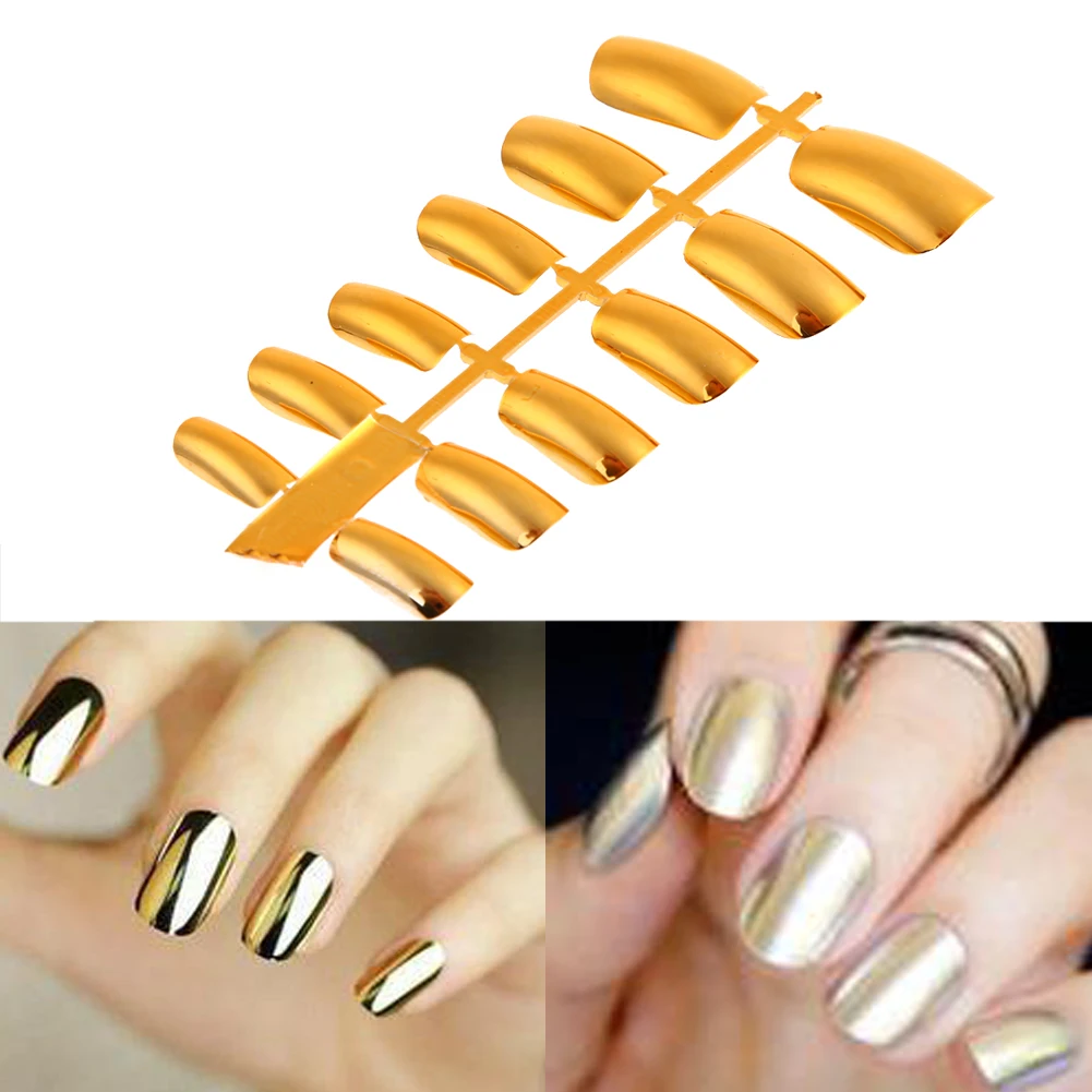 

12pcs Electroplated Platic Full Nail Tips Short Design Fake Nails Full Cover False Nails Artificial Art Tips Gold Silver