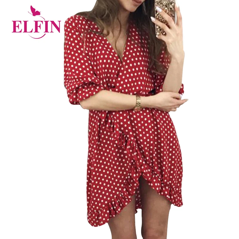 

Polka Dot Summer Dress Women Casual Ruffles Half Sleeve V-Neck Irregular Hem Sundress Female Beach Dress Vestidos WS8355R