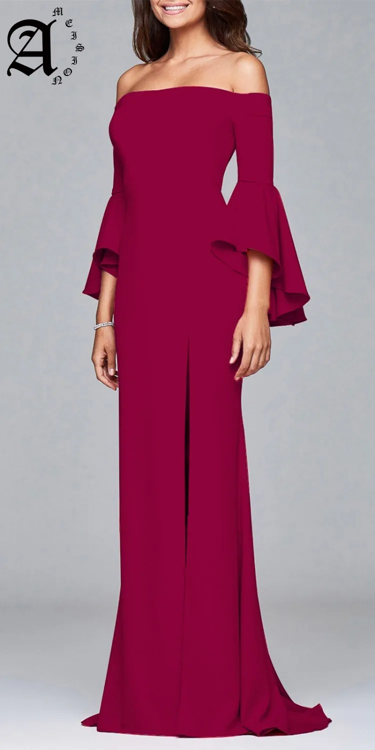

2019 middle Sleeve Boat Neck Evening Dresses high slit Elegant Long Formal Party Prom Gown Chiffon Special Dress