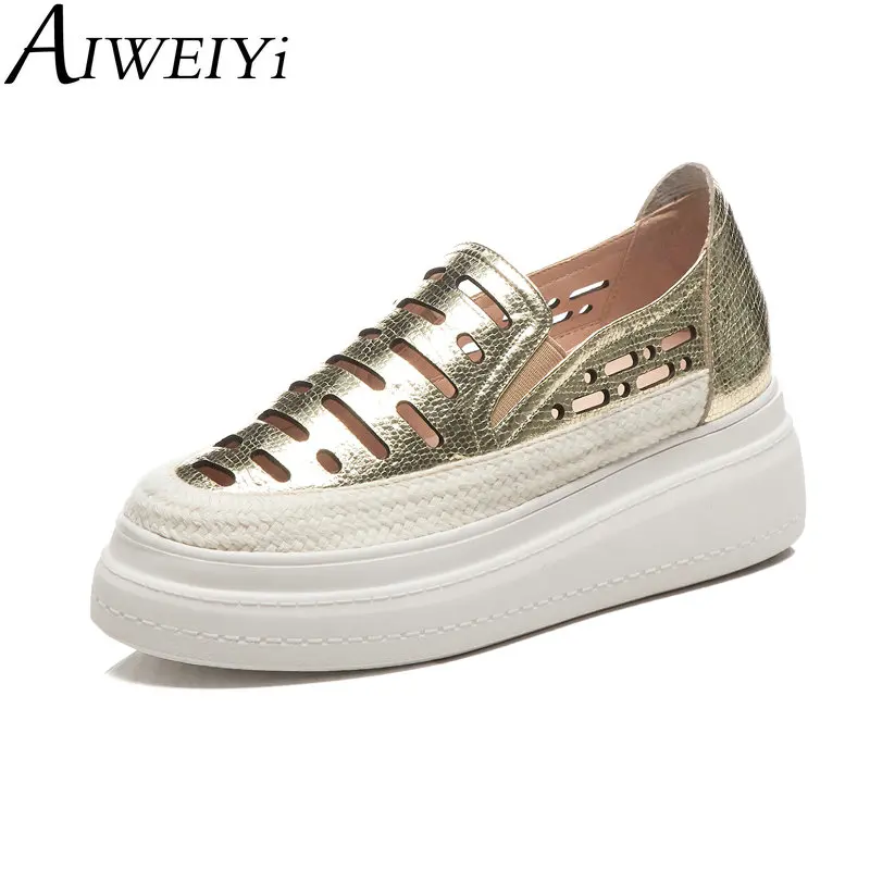 

AIWEIYi Women Flats Women Genuine Leather Shoes Slip On Loafers Woman Cutouts Shoes Gold Casual Shoes Sapato Feminino