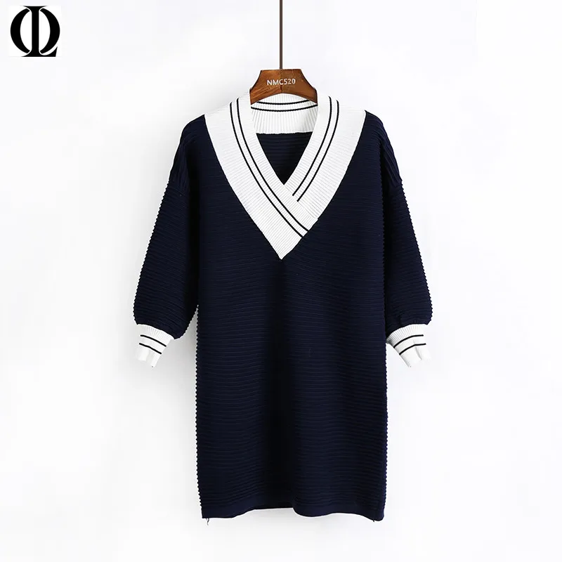 Ol Autumn And Winter Large Size Women Clothes V Neck Dress Stitching