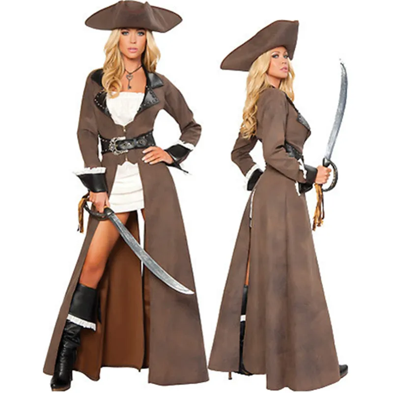High Quality Sexy Plus Size Costume Halloween Adult Brown Pirate Costume Dress 5 Pcs New Long Costume