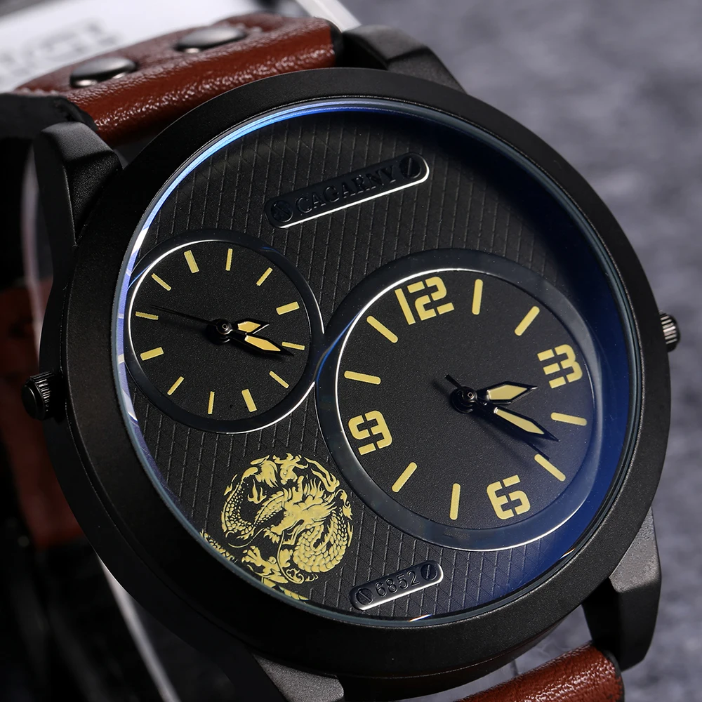 drop shipping cool big case men watches leather strap dual time zones sport mens quartz watch male clock dz style brave for men high quality (6)