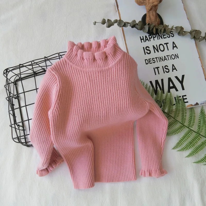 Детские свитера; зимняя водолазка с воротником с рюшами; приталенные Топы; одежда для детей; мягкие хлопковые вязаные пуловеры для маленьких девочек