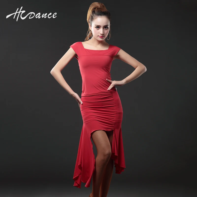 

2016 Rushed Hcdance Latin Dance Dress Practice Women Skirt Square Collar Cha Rumba Samba Tango Ballroom Costume Hot A109+a207