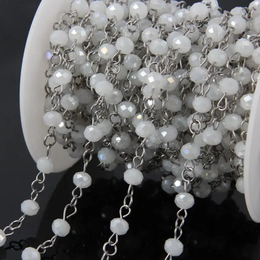 

5Meters AB titanium White Crystal Glass Bead Chains,Faceted Rondelle Sliver plated Stainless Steel Wire Wrapped Rosary Chains