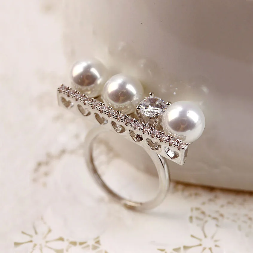 

High Quality Rectilinear Pearl and AAA Cubic Zirconia Ring Exaggerated Straight line shape Hollow Heart Ring Party Women Jewelry