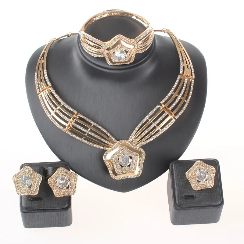 

African beads Fashion Women Clear Crystal Multilayer Bohemia Statement Necklace Bangle Earring Ring Fine Party Jewelry Set