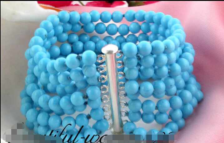 

Z1700 BEAUTIFUL 8row 6mm sky-blue turquoise bead bracelet 925silver e SHIPPING 5.26