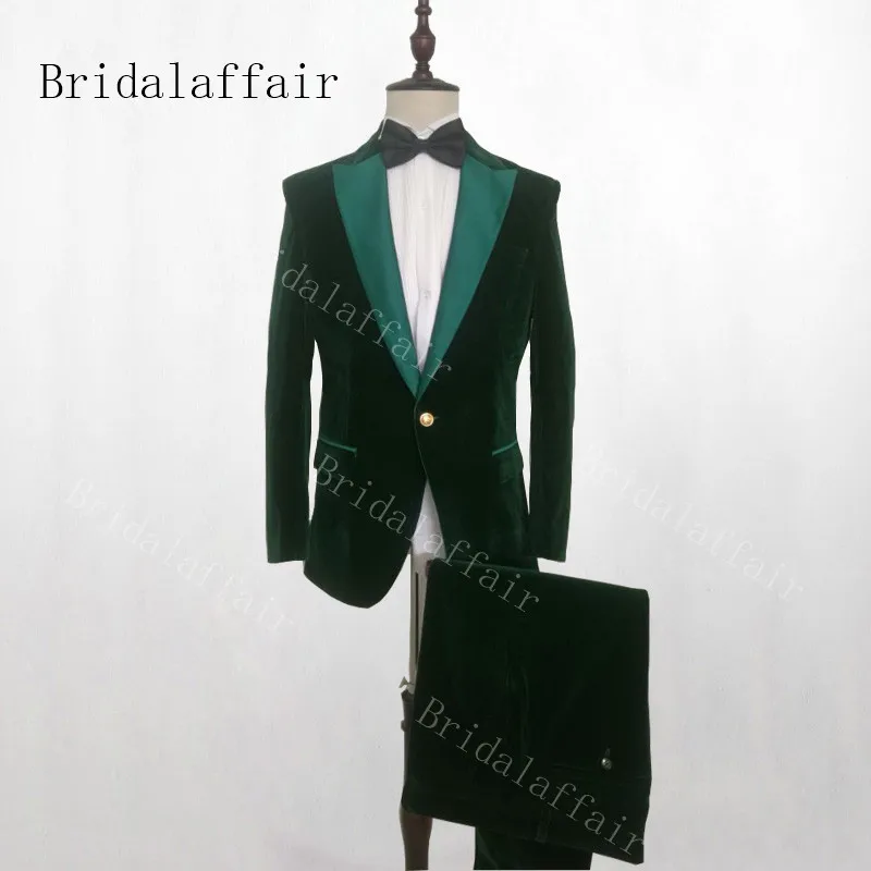 Bridalaffair, 2 предмета, платье для жениха,, блестящий костюм-смокинг с отворотом, дизайн Королевский синий бархат, мужские свадебные костюмы, смокинги - Цвет: 6-dark green