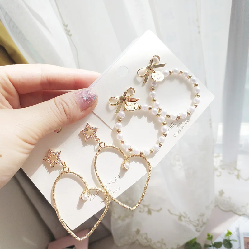 

Women Irregular Heart Bowknot Round Circle Pearl Drop Dangle Earrings Korea Handmade Fashion Jewelry Holiday-JQD5