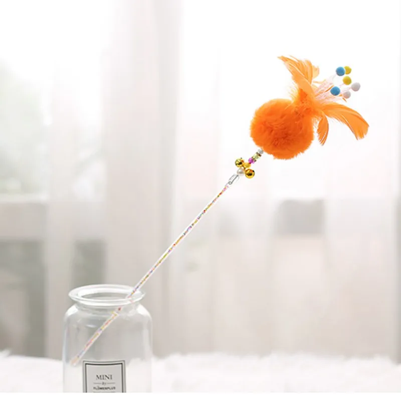 Pet Toy Teaser And Exerciser Wand With Furry Ball For Cat And Kitten Interactive Fishing Stick With Bell