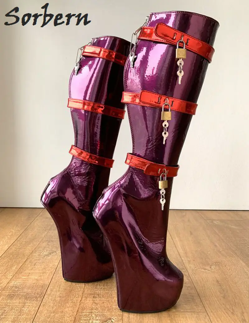 Sorbern/темно-фиолетовые сапоги до середины икры на заказ; женские пикантные сапоги с красным ремешком и замочком; Фетиш-сапоги; БДСМ; женские сапоги на высоком каблуке