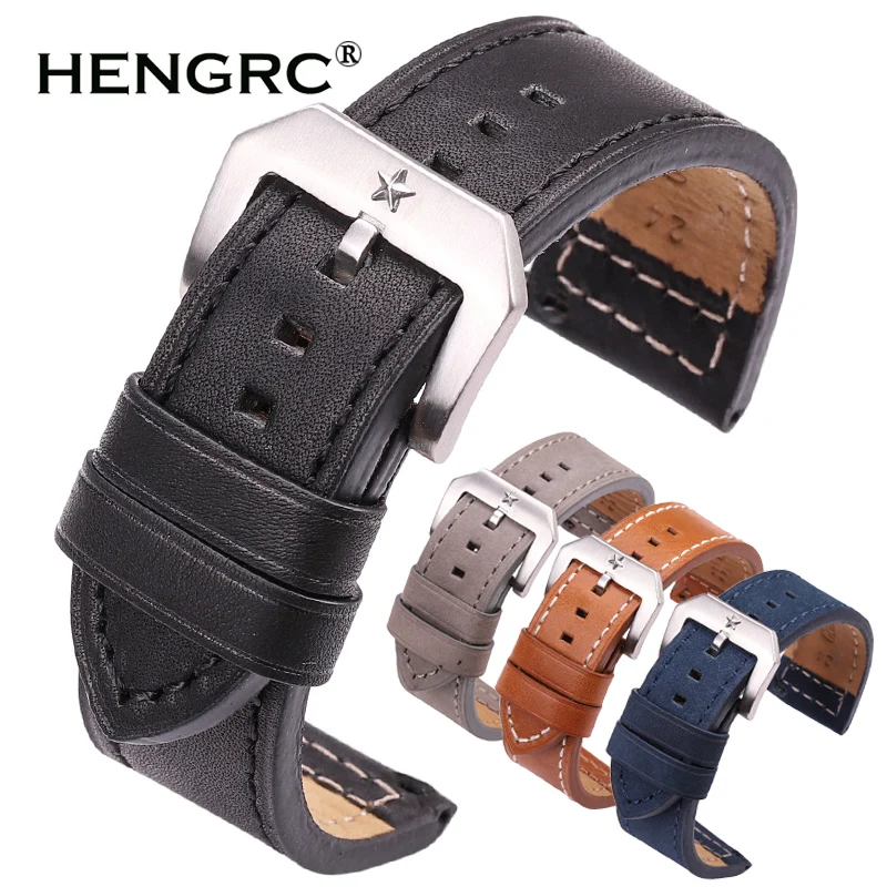 HENGRC 24 мм натуральная кожа часы ремешок для женщин мужчин черный синий серый коричневый коровьей Ремешки для наручных часов ремень с металлической пряжкой