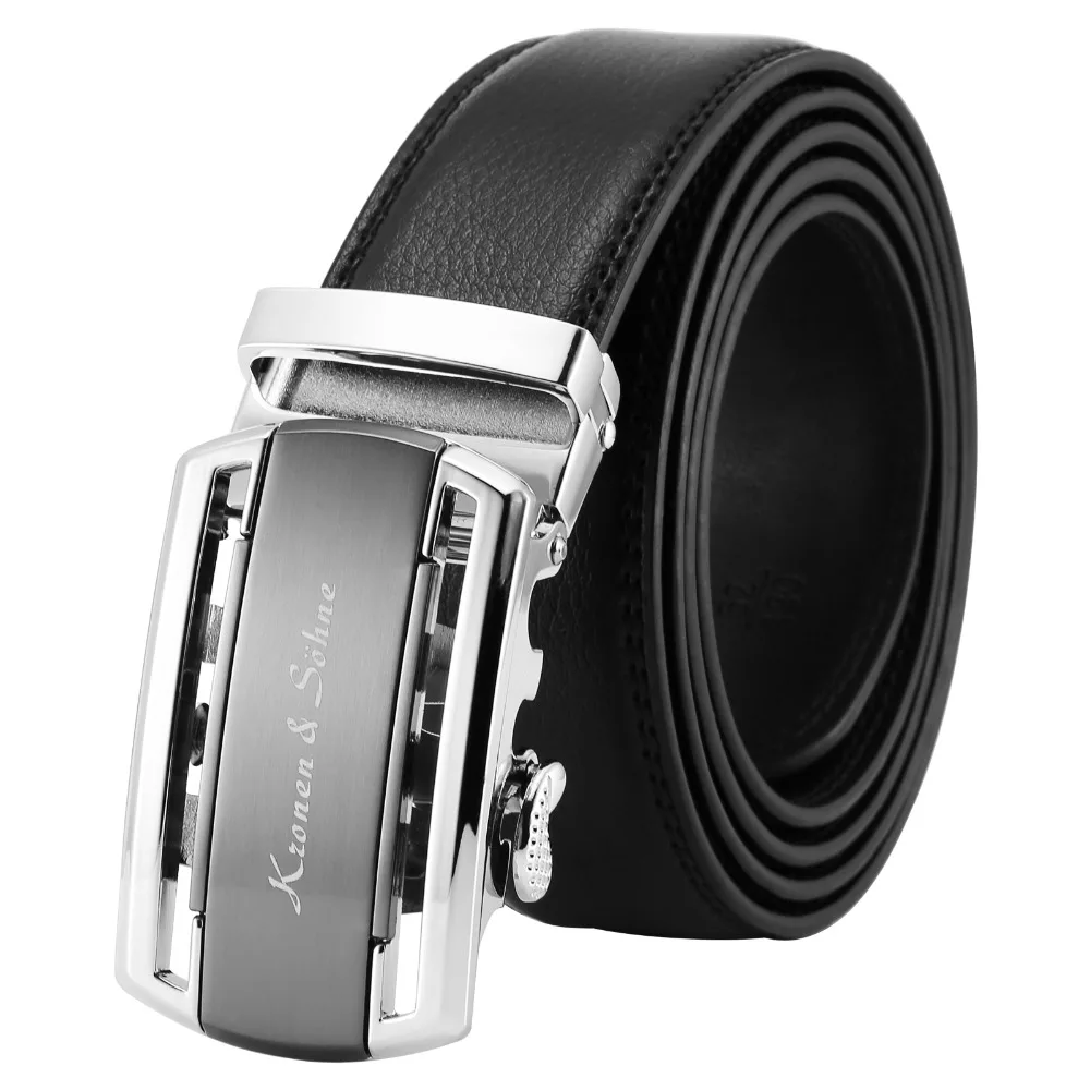 

Brand New High Quality Black Silver Steel Auto Buckle Business Dress Belt Gift Box Package Genuine Leather Men Male Belts /KB110