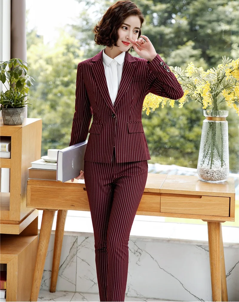 Новый 2018 Мода Полосатый Для женщин Бизнес костюмы с топы и штаны Формальные женские офисные единые конструкции брючный костюм и брюки