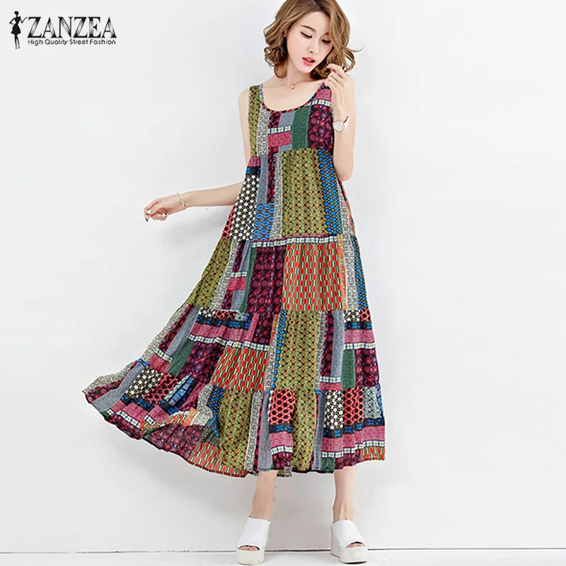 

2019 ZANZEA Women Floral Print Sleeveless Casual Loose Long Vestido Slip Dress Party Beach Sundress Sarafans Plus Size