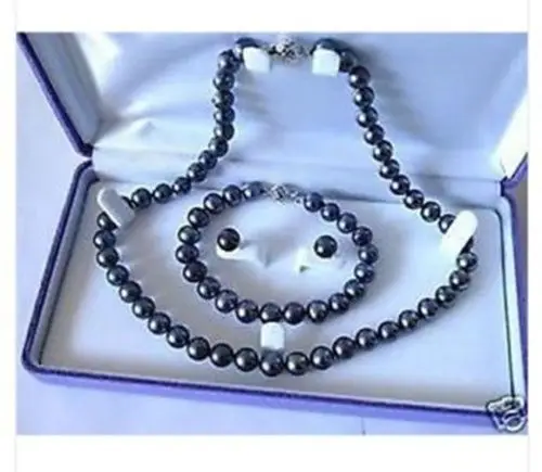 

Hot sale new Style >>>>>7-8mm Black Akoya Cultured Pearl Necklace Bracelet Earring Set