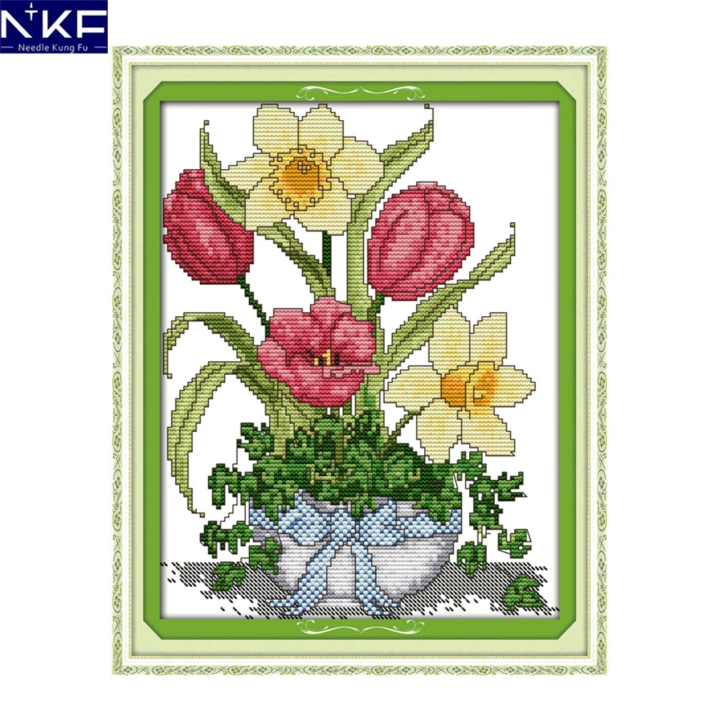 NKF Spring flower vase style needlework embroidery set handcraft modern wedding cross stitch patterns for home decoration | Дом и сад