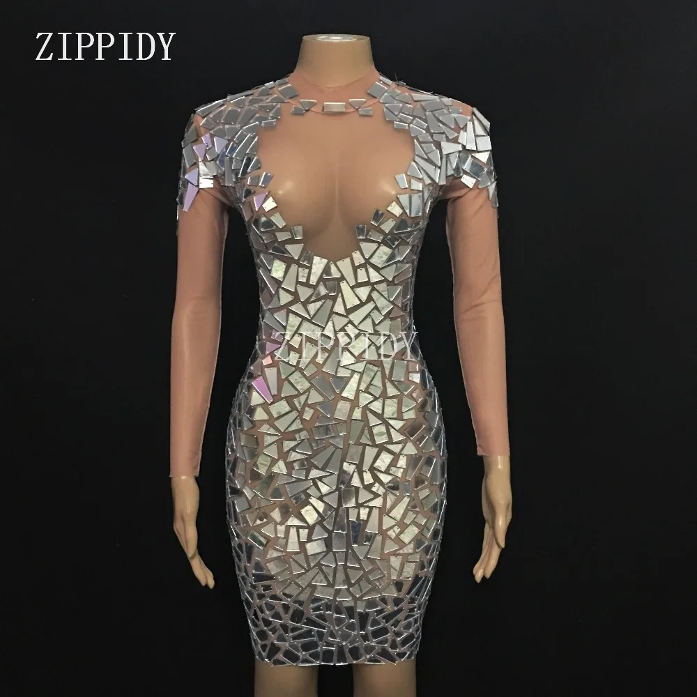 

2019 New Silver Mirrors See Through Perspective One-piece Dress Party Birthday Celebrate Costume Singer Dance Dress YOUDU