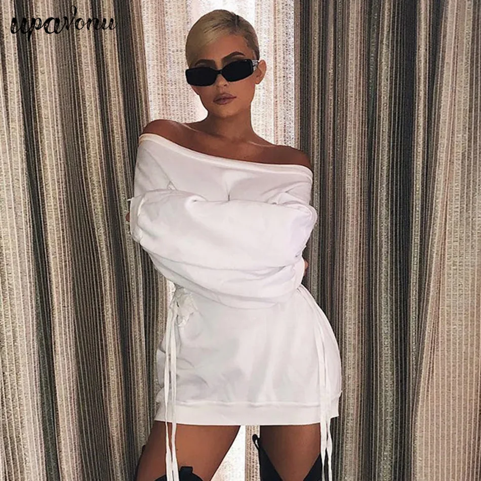 

2019 New White Women's Dress One-Piece Long Sleeve Strapless Strap Slim Dress Sexy Mini Dress Club Party Dress
