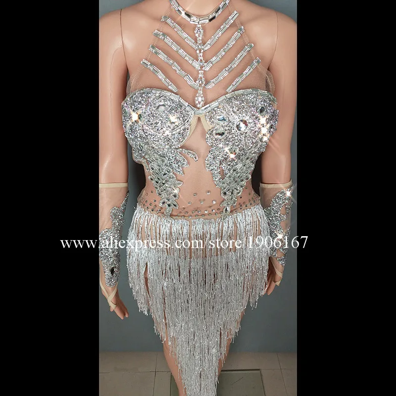Sexy complexion hot drilling white tassel bar nightclub female singer dj dance team clothes07