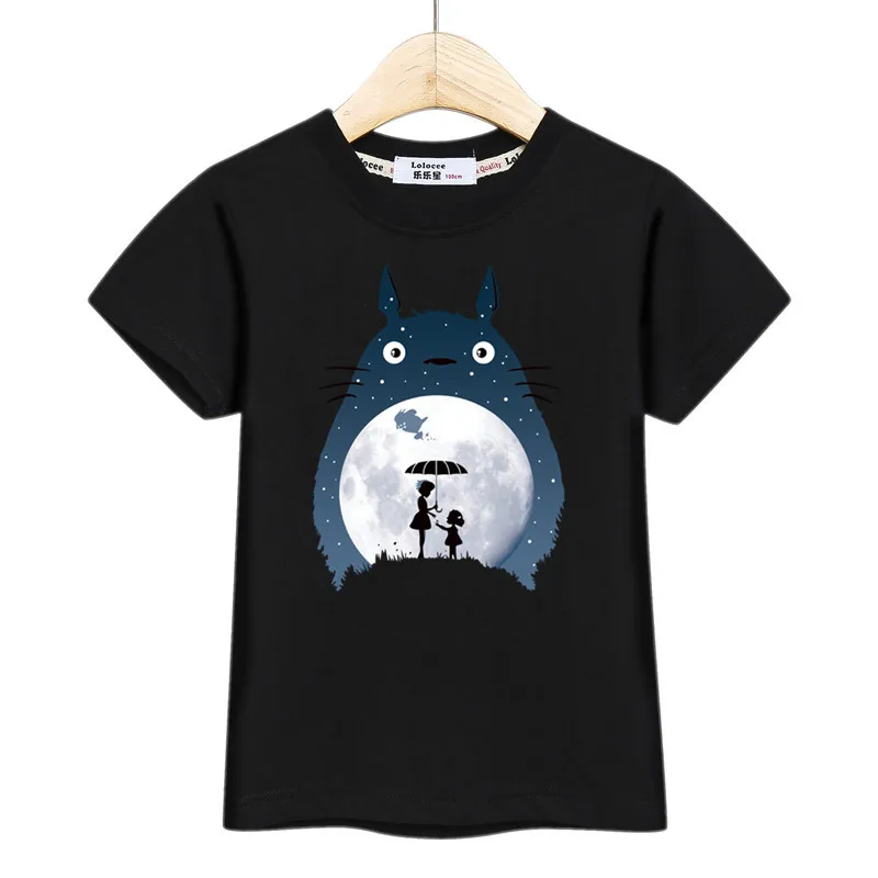 Летние футболки для девочек, топы с милым рисунком Тоторо, детская одежда футболка с короткими рукавами и рисунком для мальчиков хлопок, детские платья с круглым вырезом - Цвет: Black