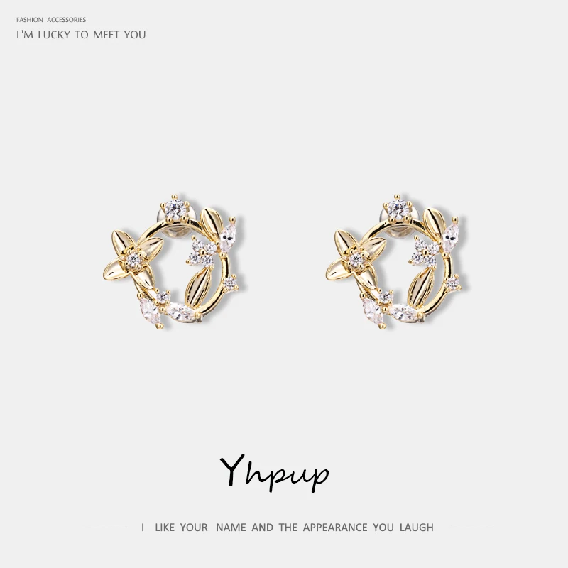 Yhpup трендовые изысканные серьги-гвоздики с цветком, серьги с кристаллами циркония, медные золотые серьги для женщин, вечерние ювелирные изделия для невесты, S925