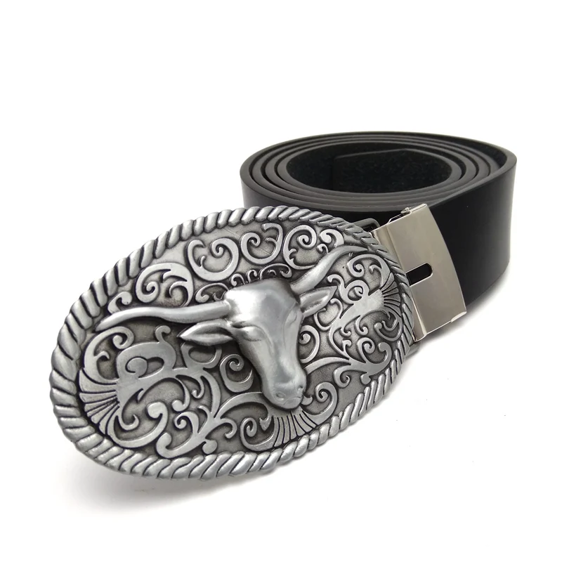 Fashion big buckle mens belts with texas longhorns head metal cowboy belt buckle mens casual