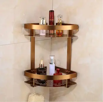 

Antique Brush Space Aluminum Bathroom Shelf Double Layer Corner Shelf Basket With Hook Design 8418
