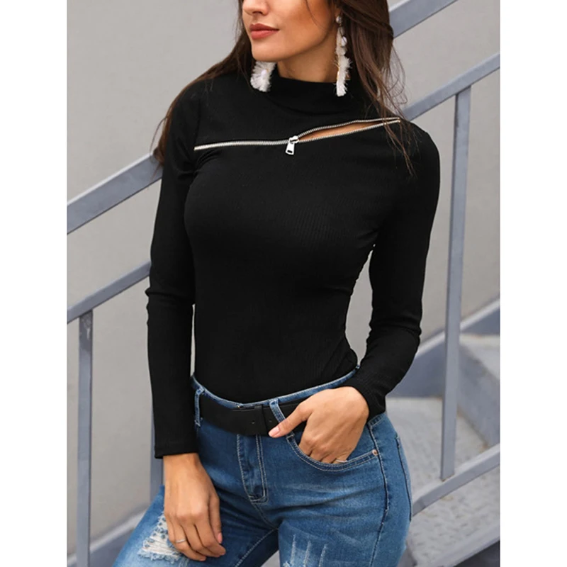Long Sleeve Zipper Tops Shirt 2019 Autumn Knitted Blouse Women New Casual Shirts Fashion High Neck Blouse And Shirts