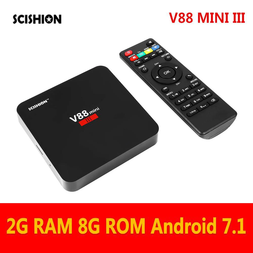 

SCISHION V88 Mini III Android TV Box 2.4G WiFi USB 3.0 Android 7.1 Box Support 4K 1.5GHz Core RAM + 8 ROM RK3328 Media Player