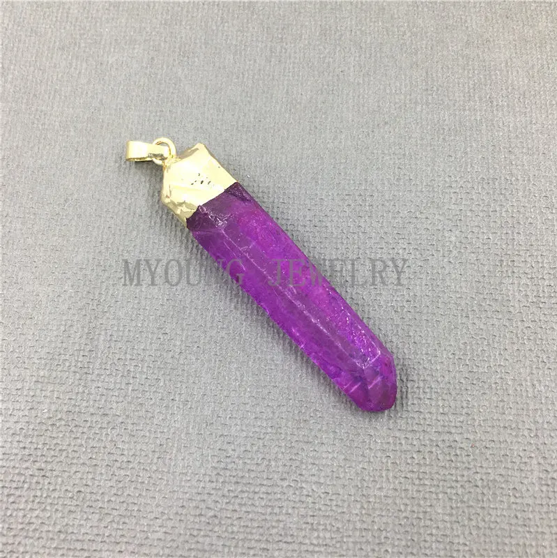 MY1013 Raw Crystal Quartz Titanium Pillar Point Pendant with Gold Electroplated Pendant (3)