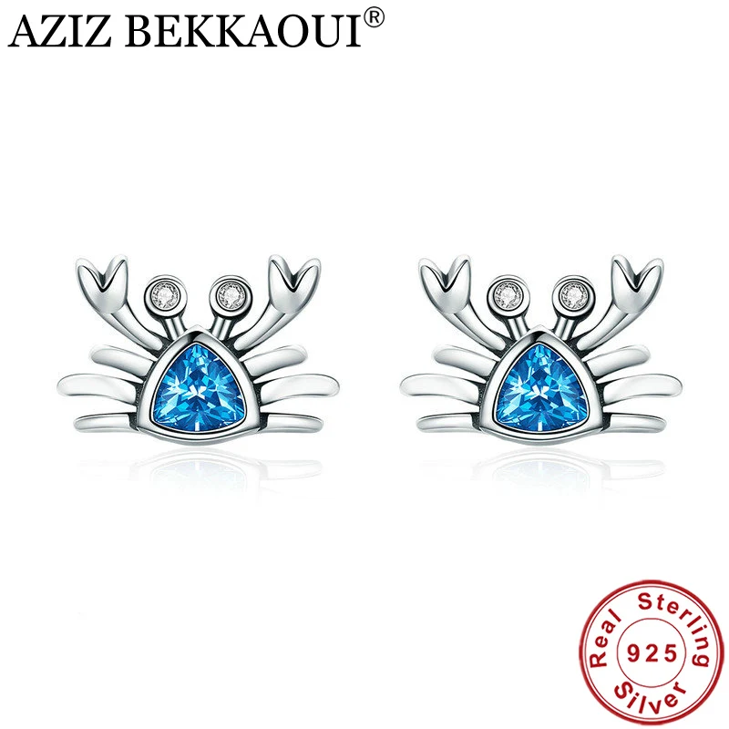 

AZIZ BEKKAOUI Genuine 925 Sterling Silver Blue Crab Stud Earrings Cute Clear CZ Silver Earrings for Women Fashion Jewelry Gift