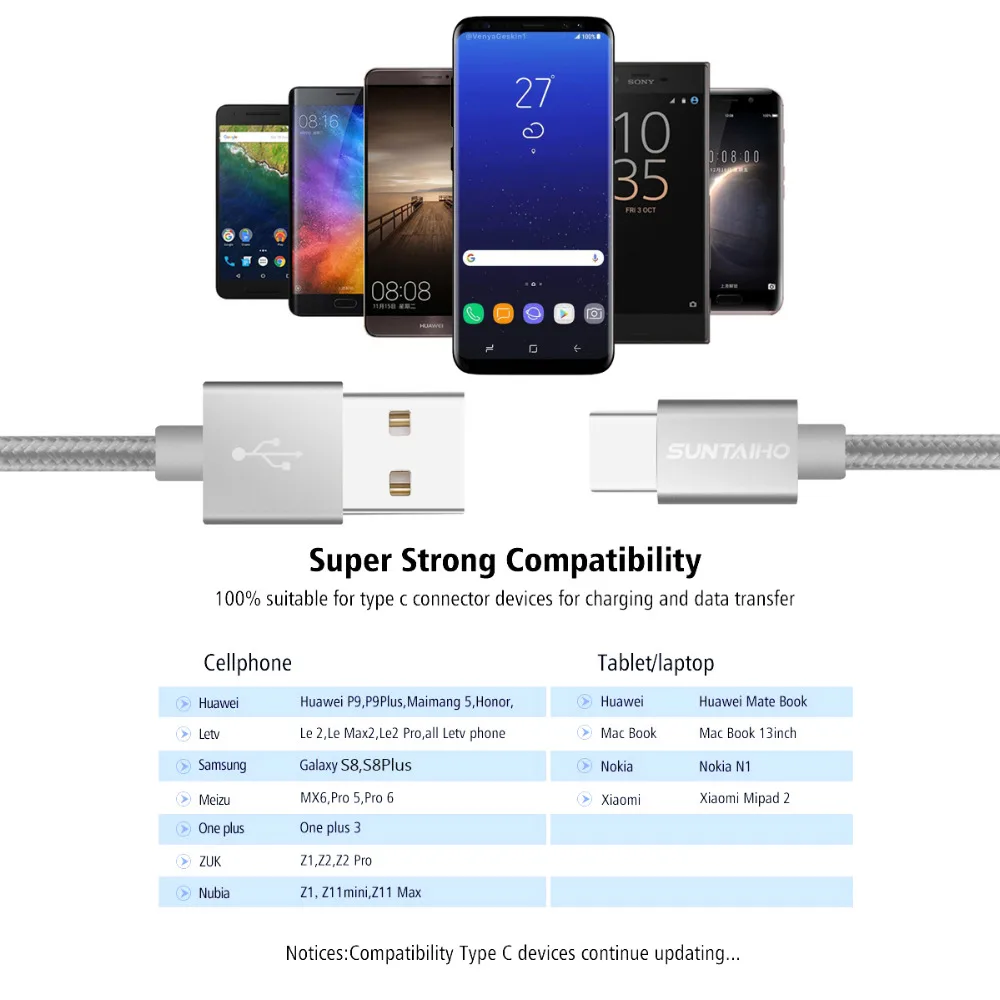 Suntaiho Тип C кабель 3,1 Для samsung S9 huawei P20 P10 нейлон Тип usb C кабель для samsung S9 плюс Nokia 8 провод для зарядки