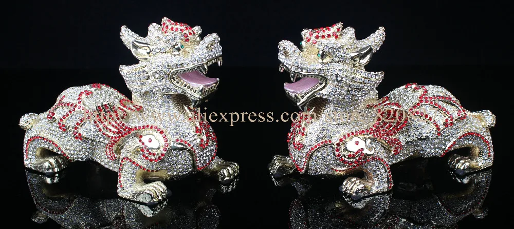 Feng Shui Big Kylin Chinese Dragon Display Chinese Kylin Dragon Enamel Bejeweled Rhinestone Decor Trinket Jewelry Box  2pcs pair