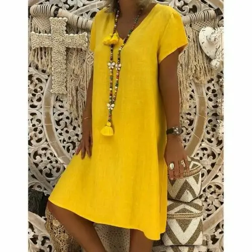 Большие размеры женские летние с коротким рукавом женские, повседневные, свободные праздничное платье - Цвет: Цвет: желтый