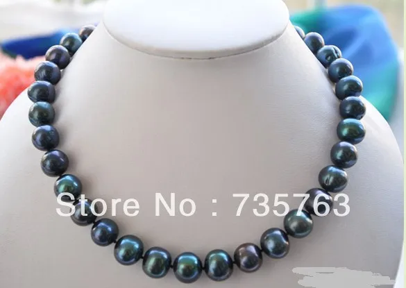 

xiuli 00642 HUGE 13mm ROUND PEACOCK BLACK FW PEARL NECKLACE 17IN 925ss